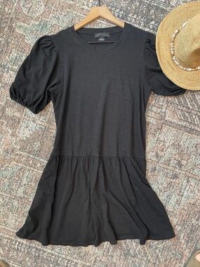 Sanctuary Black Mini Dress Puff Sleeve Tiered Organic Cotton Size XS